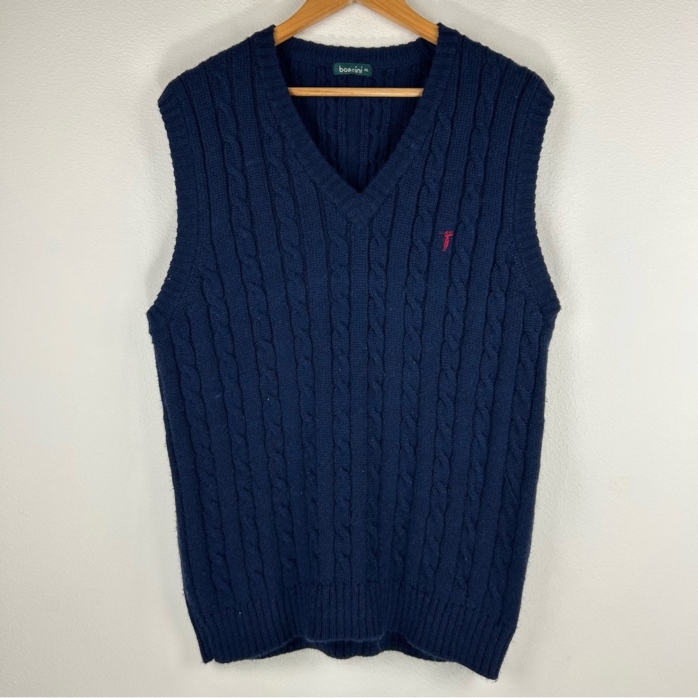 Vtg Bossini Men’s Navy Blue Cable Knit Wool Blend Golf Prep Polo Size XL